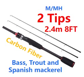 (P2) 3PC fishing rod for lure fishing 2.4m(8FT) with 2 Tips - Medium and  Medium Heavy